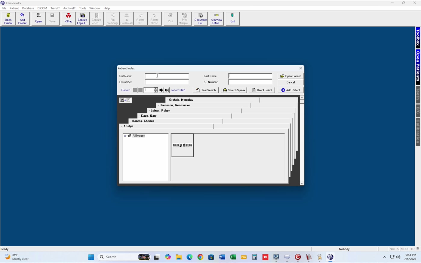 Patient Index dialog open
